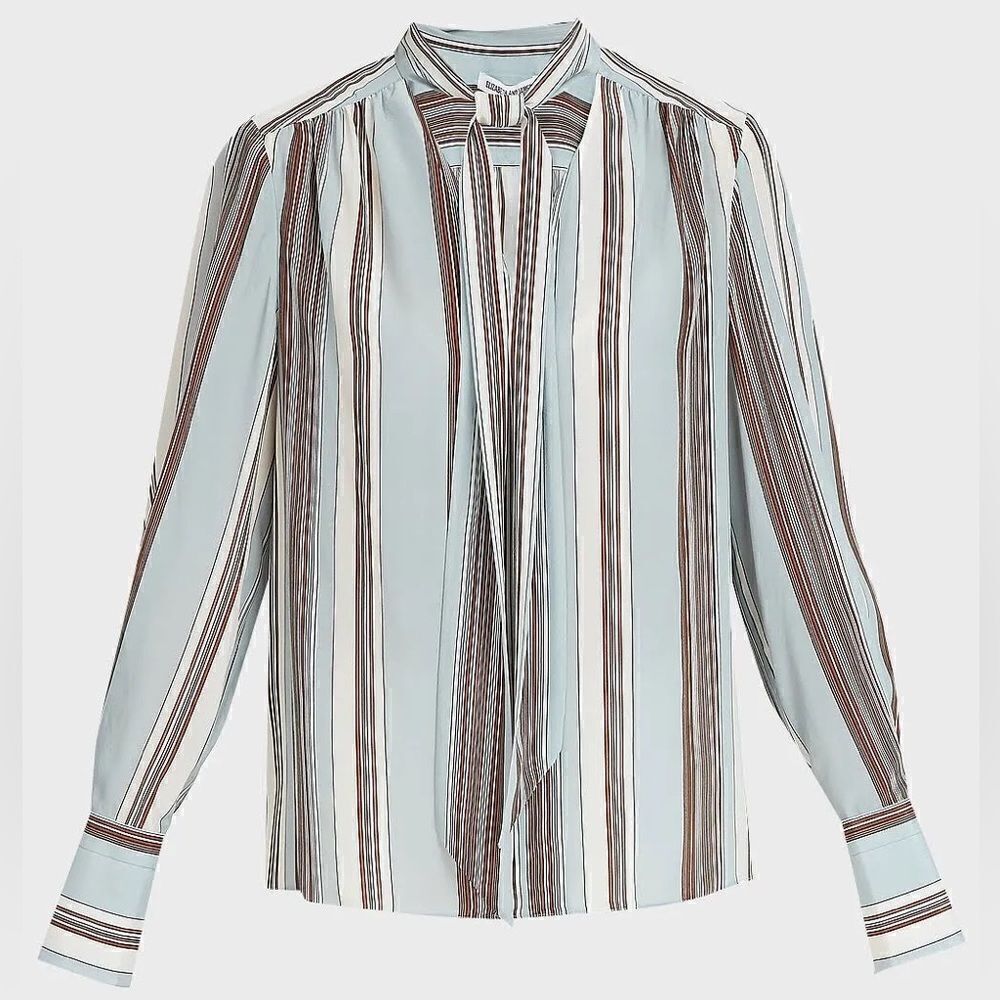 Elizabeth and James Mimi Neck-Tie Stripe Silk Blouse in Dust Multi Size XS - Picture 2 of 8
